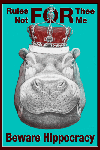 a poster of a hippo wearing a crown that says rules for thee not for me