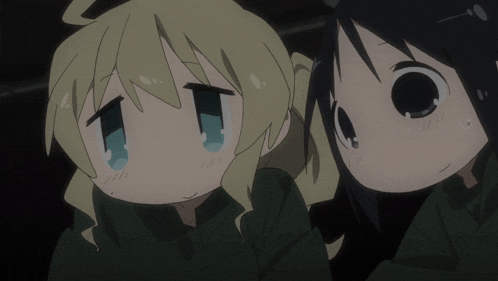 two anime characters are looking at each other and one has tears running down her face