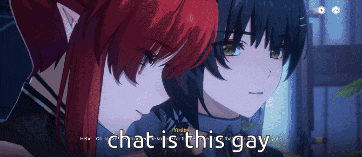 a couple of anime characters standing next to each other with the words chat is this gay in the corner