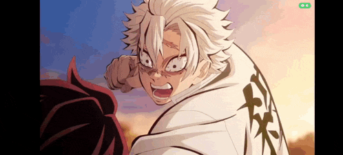 a close up of a person 's face with a white haired anime character standing next to another person .