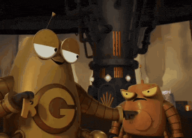two cartoon robots are standing next to each other and one has the letter g on its chest