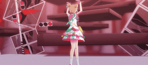 a girl in a pink and white dress is dancing in front of a red traffic light
