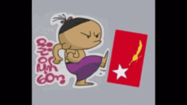 a cartoon of a man kicking a red flag with the word on my go on the bottom