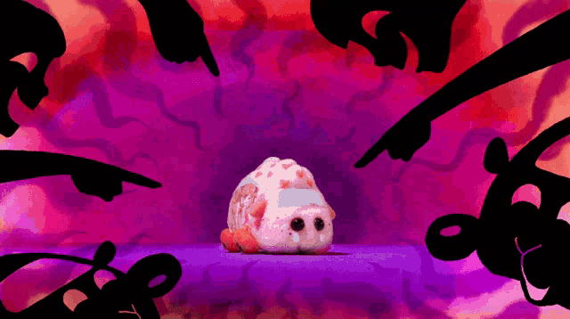 a stuffed animal is surrounded by a bunch of fingers pointing at it