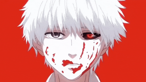 a drawing of a boy with white hair and red eyes