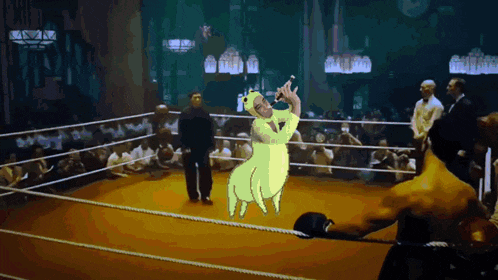 a cartoon of a man in a boxing ring with a hippo on his back