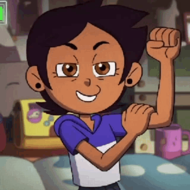 a cartoon character is flexing her muscles and smiling .