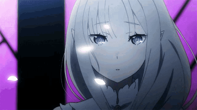 a girl with white hair and blue eyes is standing in front of a purple wall