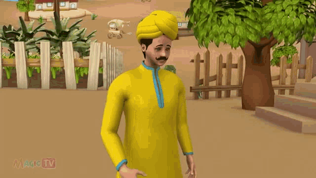 a man in a yellow turban is talking to a bearded man