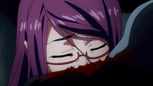 a girl with purple hair and glasses is sleeping