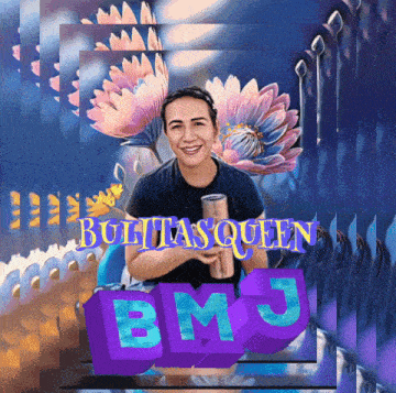 a woman holding a stainless steel tumbler in front of a purple bmj logo