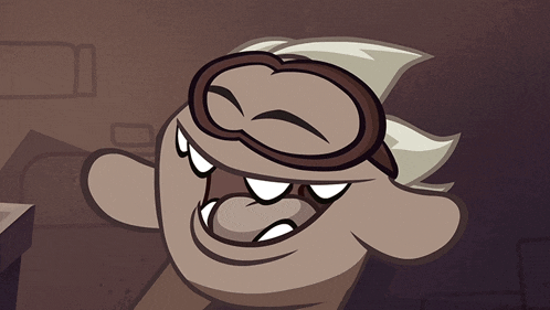 a cartoon drawing of a man wearing goggles laughing