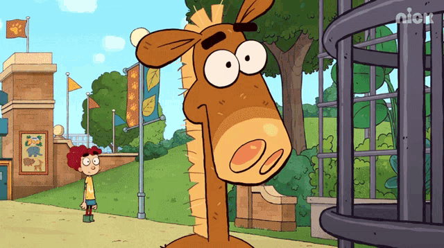 a cartoon drawing of a giraffe with the nick logo in the corner