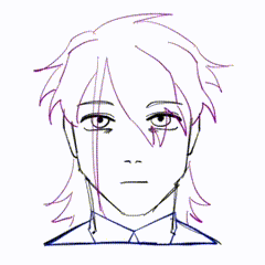 a black and white drawing of a boy 's face with long hair