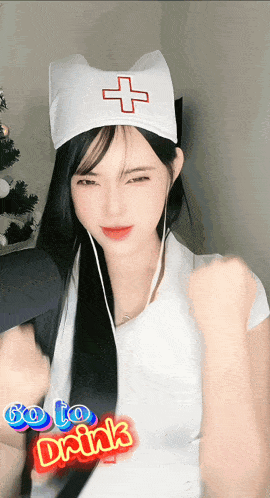 a woman wearing a nurse costume with the words go to drink behind her