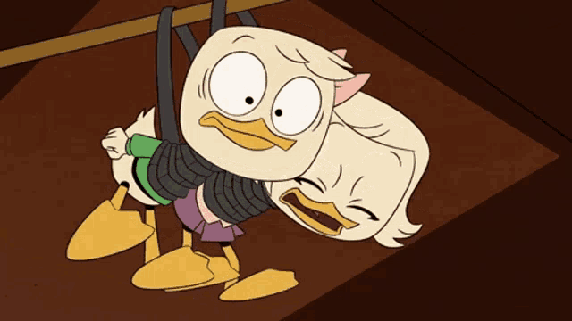 a cartoon duck is carrying another duck with its mouth wide open