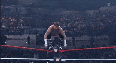 two men are wrestling in a ring with a crowd in the background .