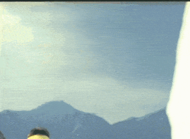a person in a yellow hat stands in front of mountains