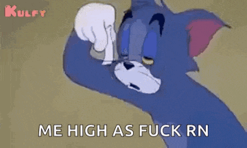 a cartoon cat is saying `` me high as fuck rn '' while pointing at something .