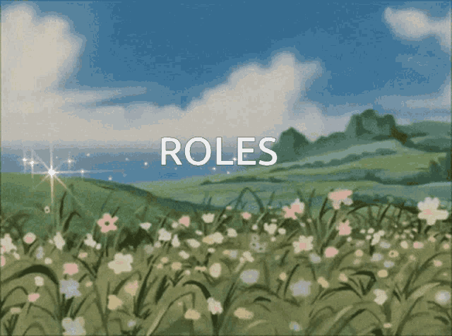 a painting of a field of flowers with the word roles on the bottom