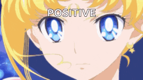 a close up of a girl 's face with the word positive written above her