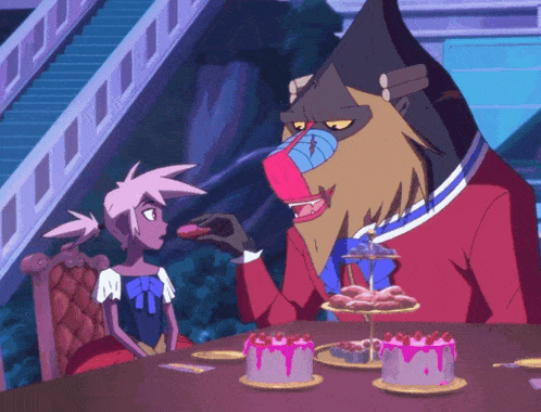 two cartoon characters are sitting at a table with cupcakes on it