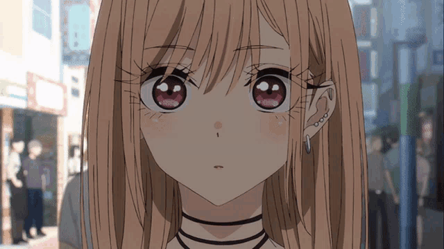 a close up of a girl 's face with a choker and earrings