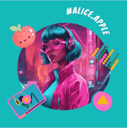 a poster with a girl wearing headphones and the words #alice apple