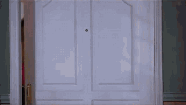 a woman in a pink top and black pants is standing in front of a white door .