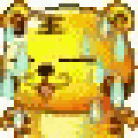 a pixel art illustration of a yellow teddy bear with a black nose and ears .