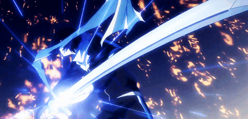a person is holding a sword that is glowing blue