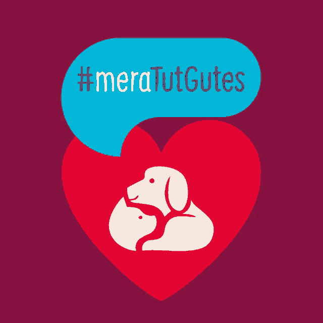a red heart with a white dog and a blue speech bubble that says #meratutgutes