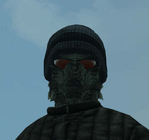 a person wearing a mask and a beanie with a blue sky behind them