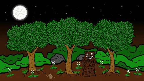 a cartoon drawing of a bear in a forest