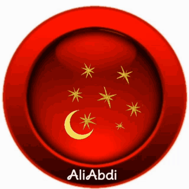 a red circle with a crescent moon and stars and the name aliabdi on the bottom