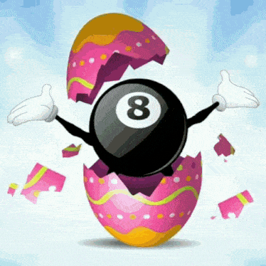 a pool ball with the number 8 on it is coming out of a pink easter egg