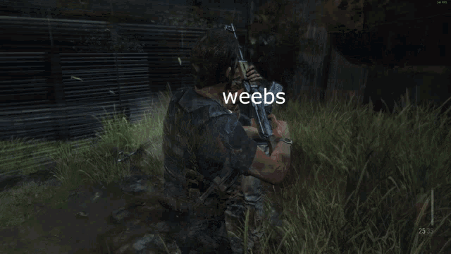 a man holding a gun with the word weebs on the bottom right