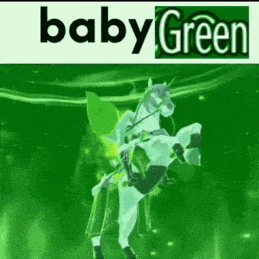 a picture of a person riding a unicorn with the words baby green below it