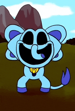 a cartoon character with a heart around his neck is standing in a field with mountains in the background