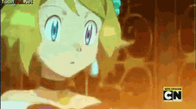 a close up of a cartoon character with the word cn on the bottom right
