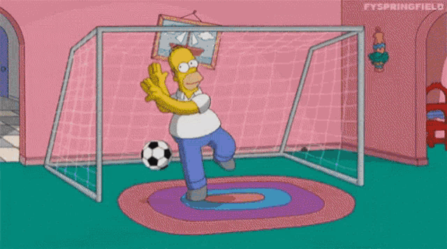 a cartoon of homer simpson kicking a soccer ball in a goal