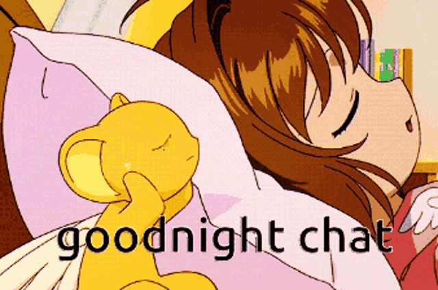 a cartoon of a girl sleeping with a teddy bear and the words goodnight chat above her