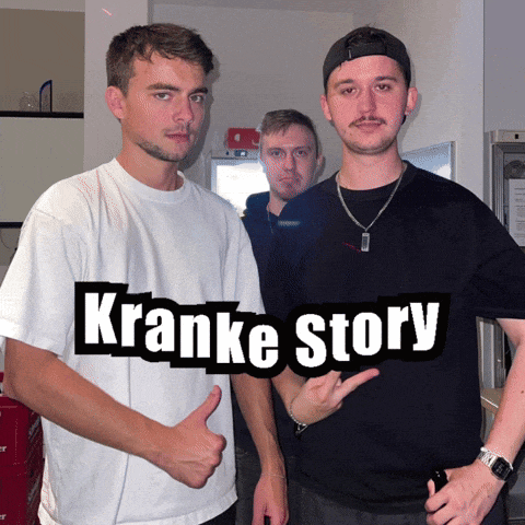 three men are standing next to each other with the words kranke story on the bottom