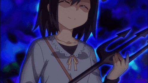 a girl is holding a trident and smiling in front of a blue background