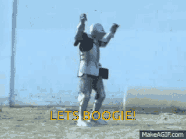 a man in a knight 's armor is dancing with the words let 's boogie above him
