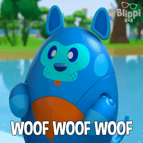 a blue toy dog with the words woof woof woof on the bottom