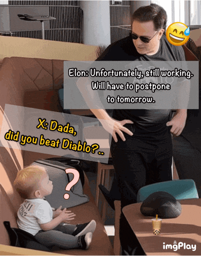 a picture of a man and a baby with a caption that says elon unfortunately still working