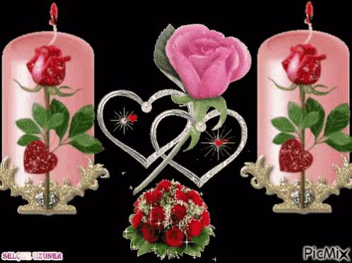 three pink candles with hearts and roses on them and a pink rose in the middle