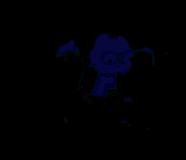 a green and red cartoon character with glowing eyes is in the dark
