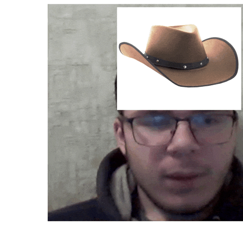 a man wearing glasses has a picture of a cowboy hat above his head